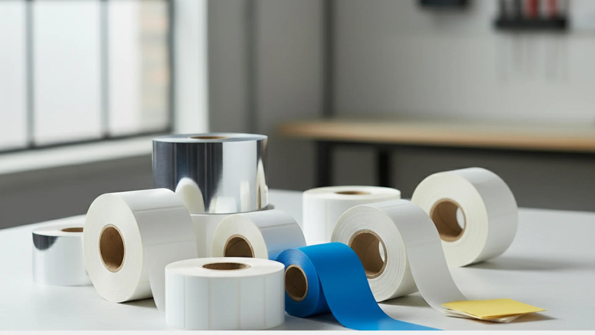 Termal baskı etiket rulolarının masa üzerinde sergilendiği ürün fotoğrafı