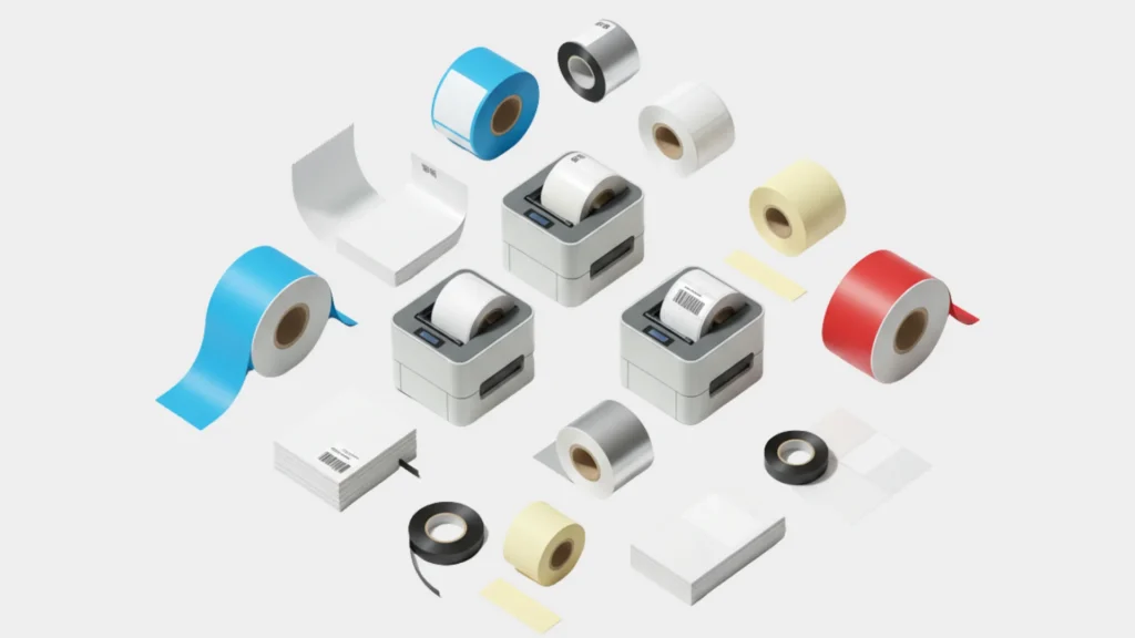 Termal transfer yazıcılar ve farklı renklerde etiket rulolarının bulunduğu set görseli