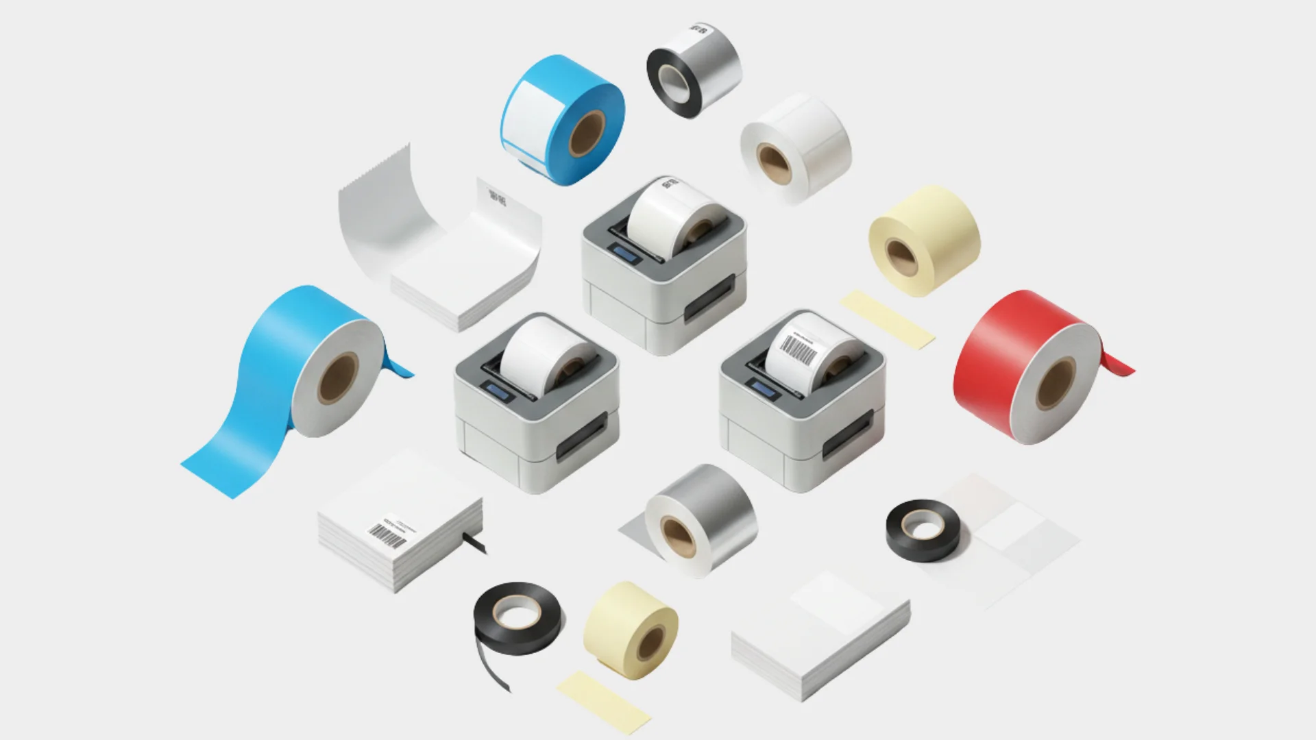 Termal transfer yazıcılar ve farklı renklerde etiket rulolarının bulunduğu set görseli