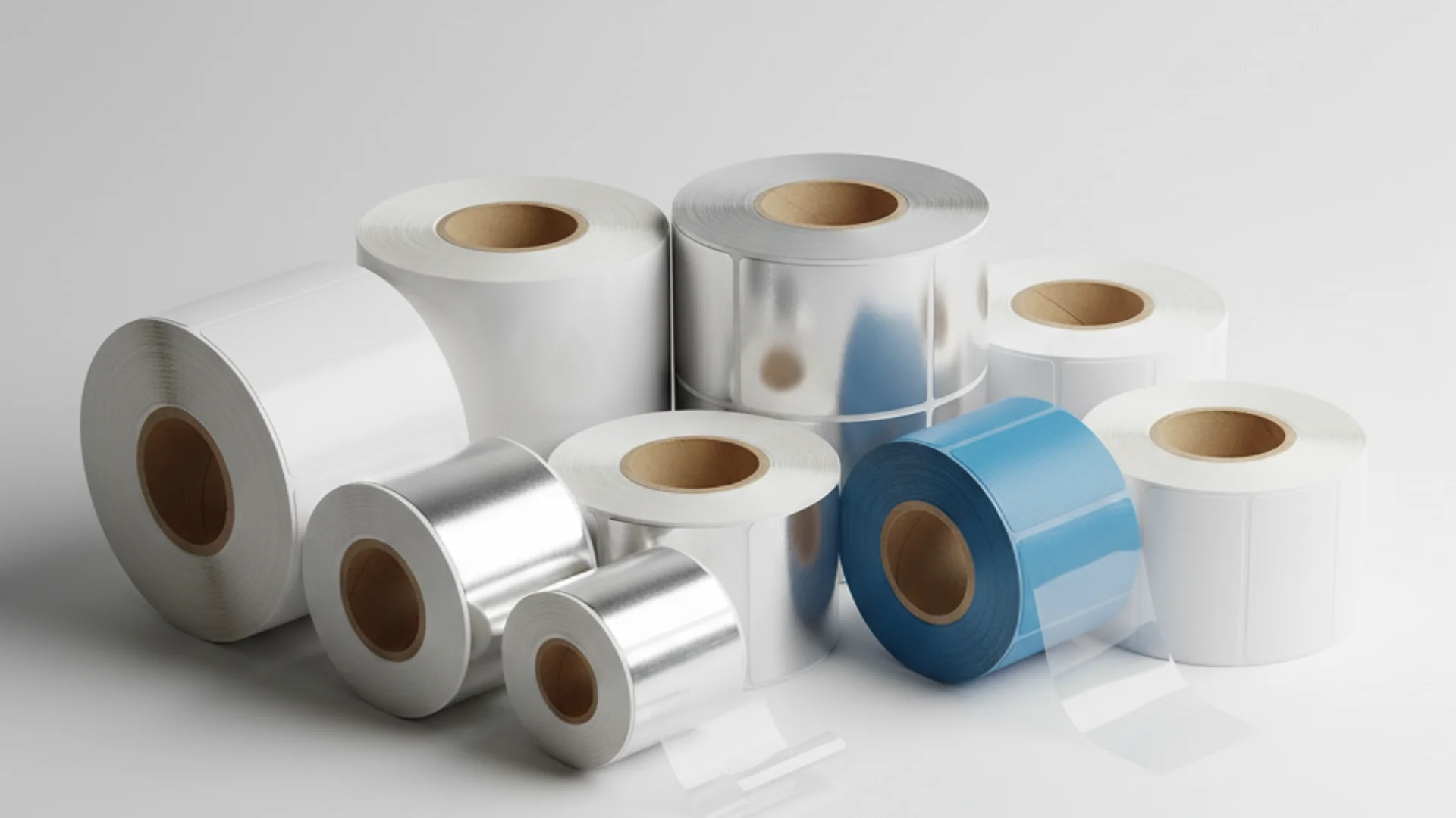 Farklı boyut ve renklerde termal transfer etiket rulolarının masa üzerinde sergilendiği ürün fotoğrafı
